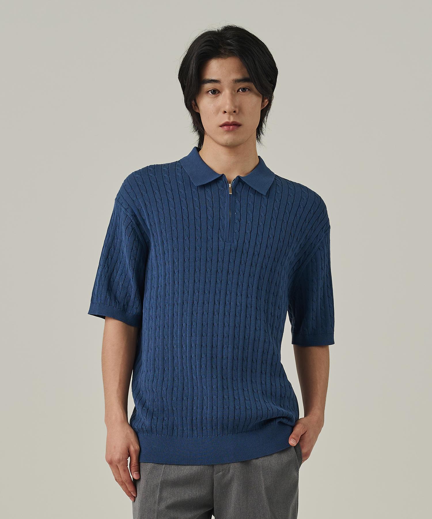 Analog Mood Cable Half-Zip Collar Short-Sleeve Knit (Deep Blue) Free