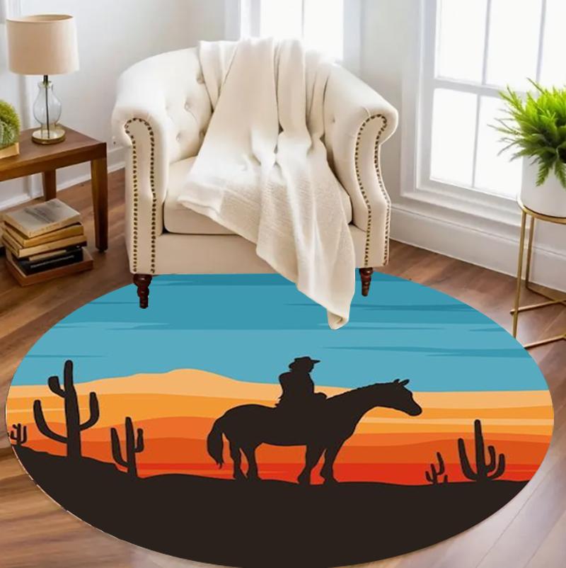Vibrant Cactus Desert Sunset Round Area Rug Colorful Landscape Pattern Non-Slip Floor Carpet for Living Rooms Boho Home Decor