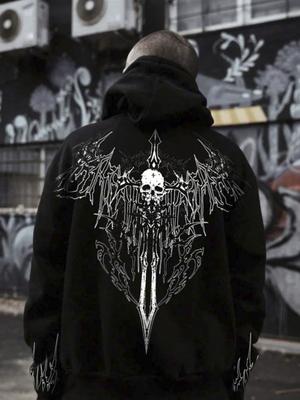 Fashionable New Men's Autumn and Winter Gothic Letter Skull Print Soft and Comfortable Hooded Sweatshirt Outdoor Street Style Cl