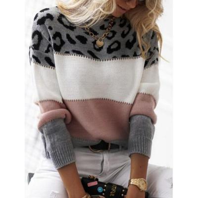Women's Autumn and Winter Clashing Colours Round Neck Pullover Casual Knitted Loose Sweater