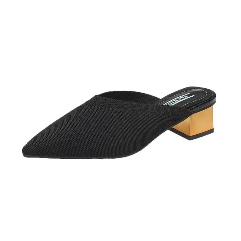Fashion Baotou Semi-slippers Women's Spring and Summer New Pointed-toe Breathable Lazy Mid-heel Sandals