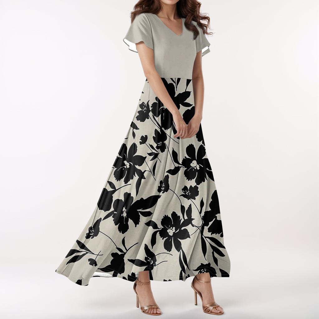 Women's Casual V-neck Short Sleeve High Waist Retro Flower Leaf Print Dress