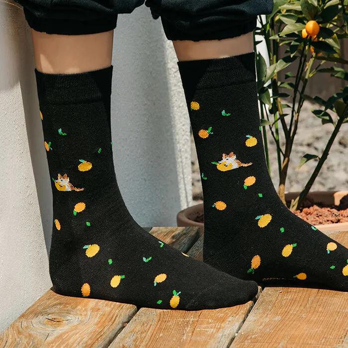Tangerine Meow Black. Soft Organic Non-Compression Illustrated Socks