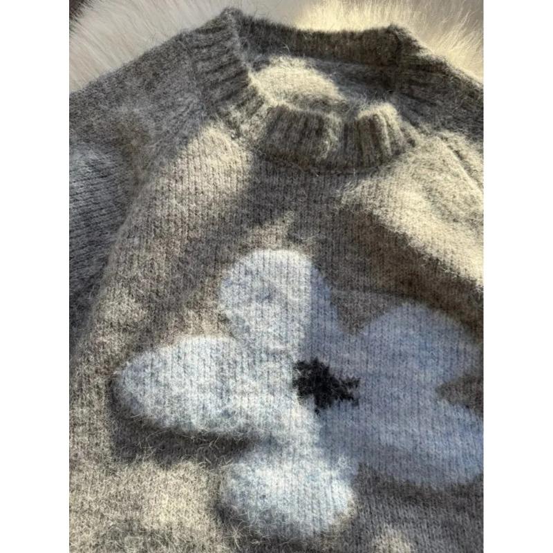 Streamgirl Winter Gray Sweater Flower Women Loose Knit Pullovers Purple Knitwear Vintage Warm Flower