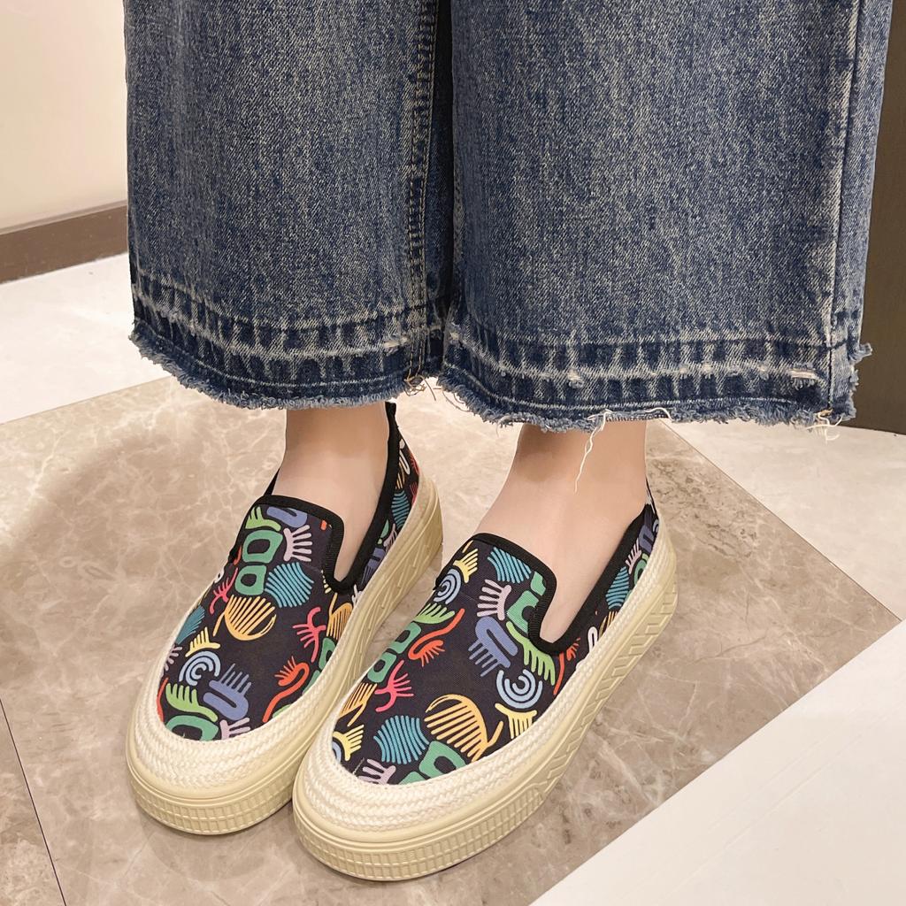 Platform Printing Canvas Shoes Women Autumn Shallow Slip On Flat Casual Shoes Outdoor Walking Running Sneakers Ladies Loafers