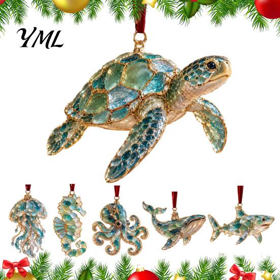 Decorative Glass Look Ornaments Sea Christmas Ornament, Coastal Turtle Whale Shark Octopus Modern Wall Hanging Decor Tree Decoration, Ocean-Inspired