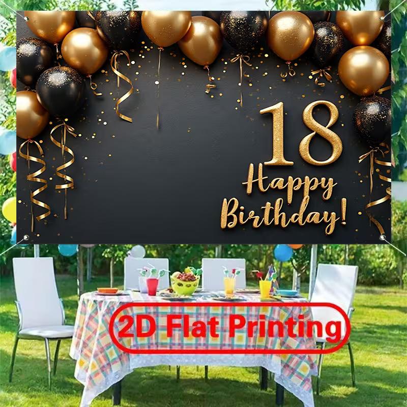 Sfondo 2D Oro Nero 18° Buon Compleanno con Palloncini e Coriandoli