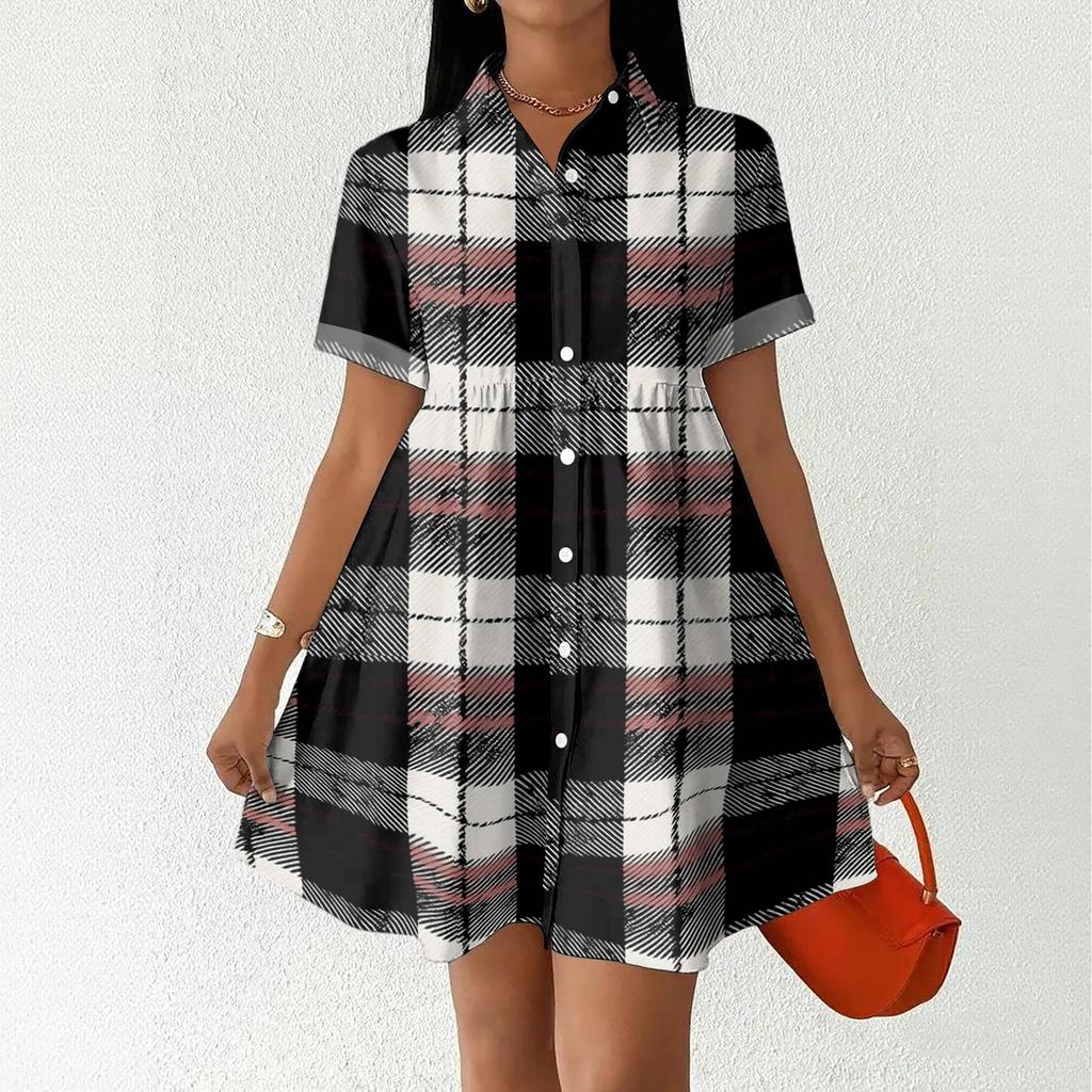 Women’s Casual Loose Fit Shirt Dress Button Front Stand Collar Plaid Pattern Short Sleeve Relaxed Tunic Dress for Daily Wear