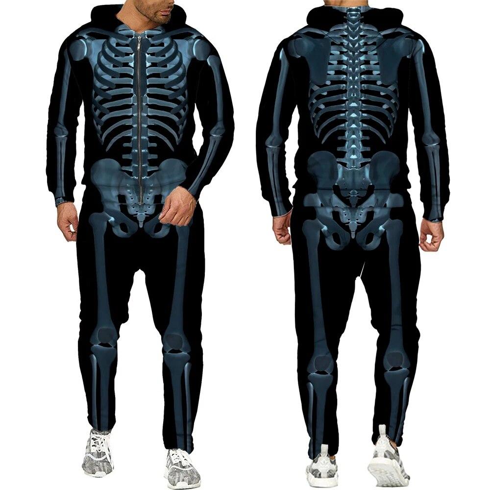 Halloweeen Cosplay Scheletro Splanchna 3D All Over Print Tute con cerniera Felpa con cappuccio da uomo Pantaloni 2 pezzi Set Abiti streetwear