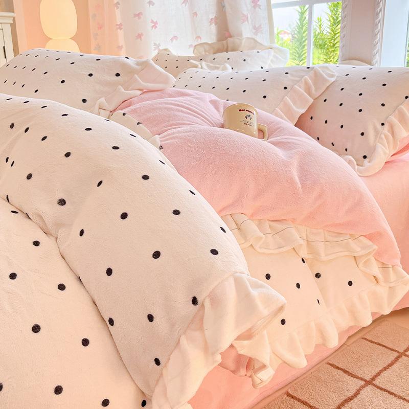 Thickened Milk Fleece Four-Piece Set, Lace Coral Fleece Quilt Cover, Bedding Fleece Bed Sheet Three-Piece Set