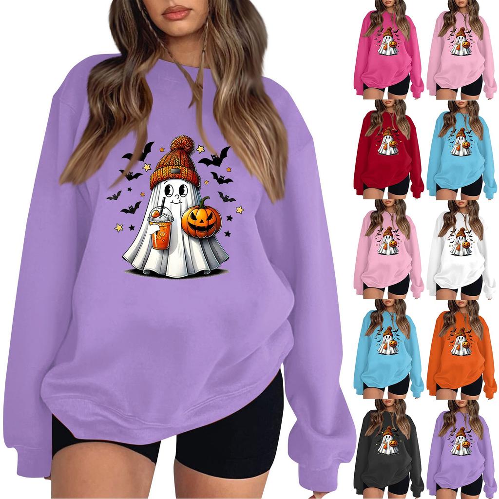 Sudadera con cuello redondo y manga larga para mujer con estampado de Halloween