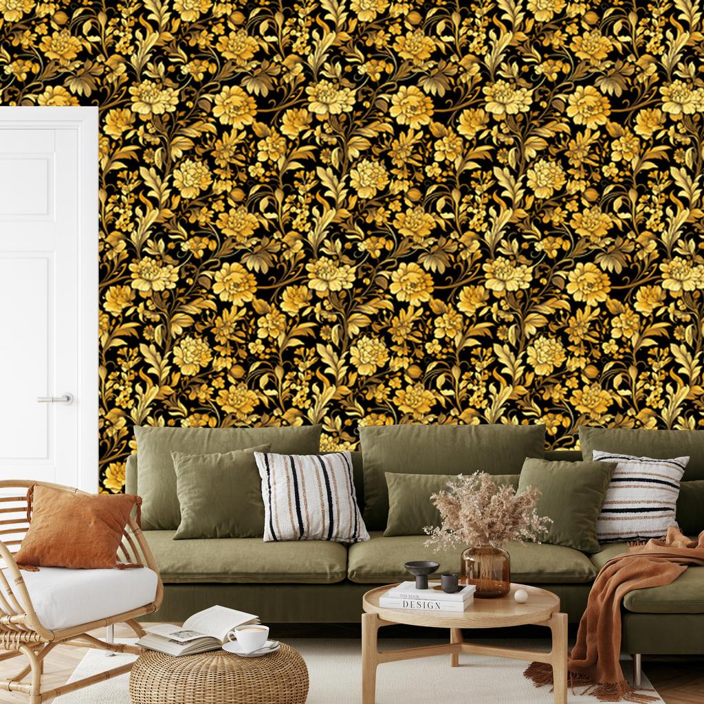 Golden Hibiscus Wallpaper, Ochre Background, Ochre Center, 50x1000