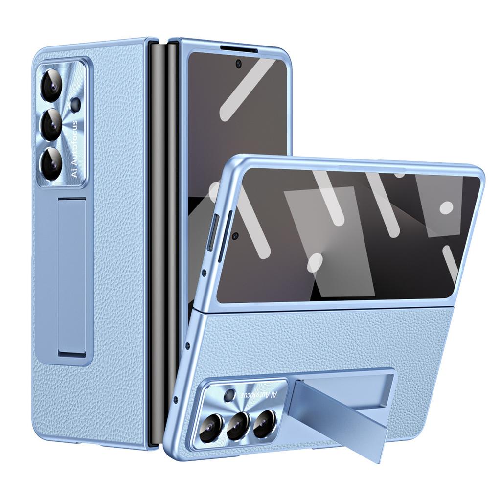 For Samsung Galaxy Z Fold7 5G Case Kickstand Leather+PC Phone Cover with Tempered Glass Film
