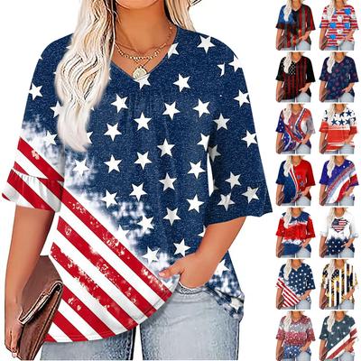 Women's Fashion Casual Independence Day Printed V-Neck Seven Sleeve Ruffle Sleeve T-Shirt Top