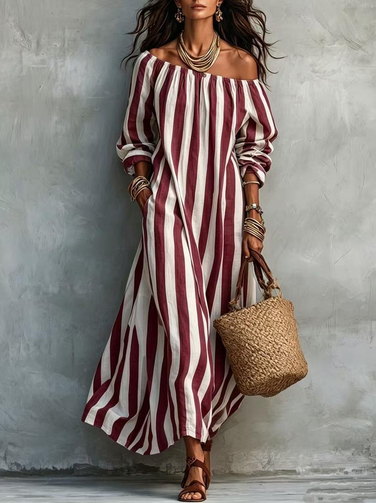 2026 Autumn New Striped Shoulder European and American Women's Clothing Popular Station Holiday Dress