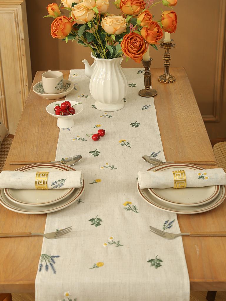 Linnen Tarwe Franje Borduurwerk Puntige Hoek Tafelvlag Rustieke Stijl Tafelloper, Keuken Koffietafel Decoratie