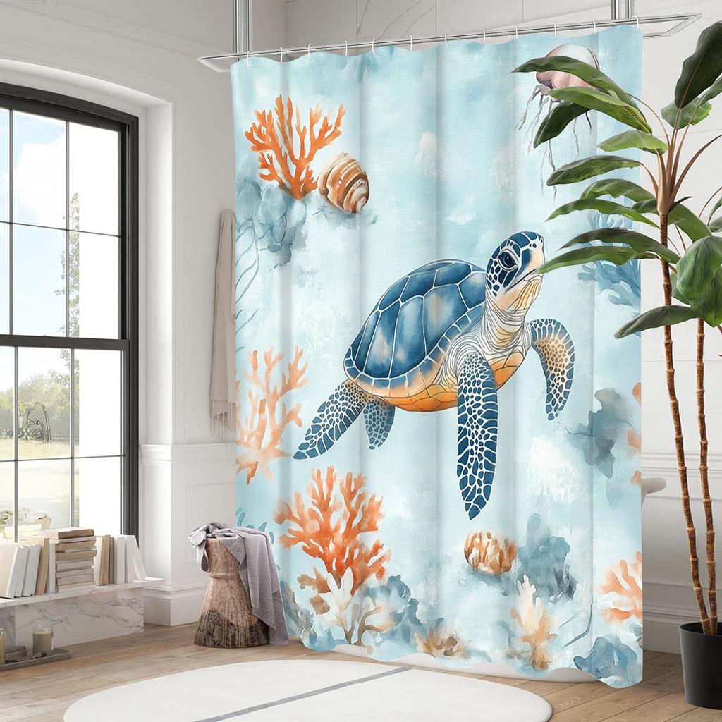 "Ocean Turtle Shower Curtain, Waterproof & Mildew-Resistant Bath Curtain with Coral Reef Design for Nature-Loving Bathroom Decor
