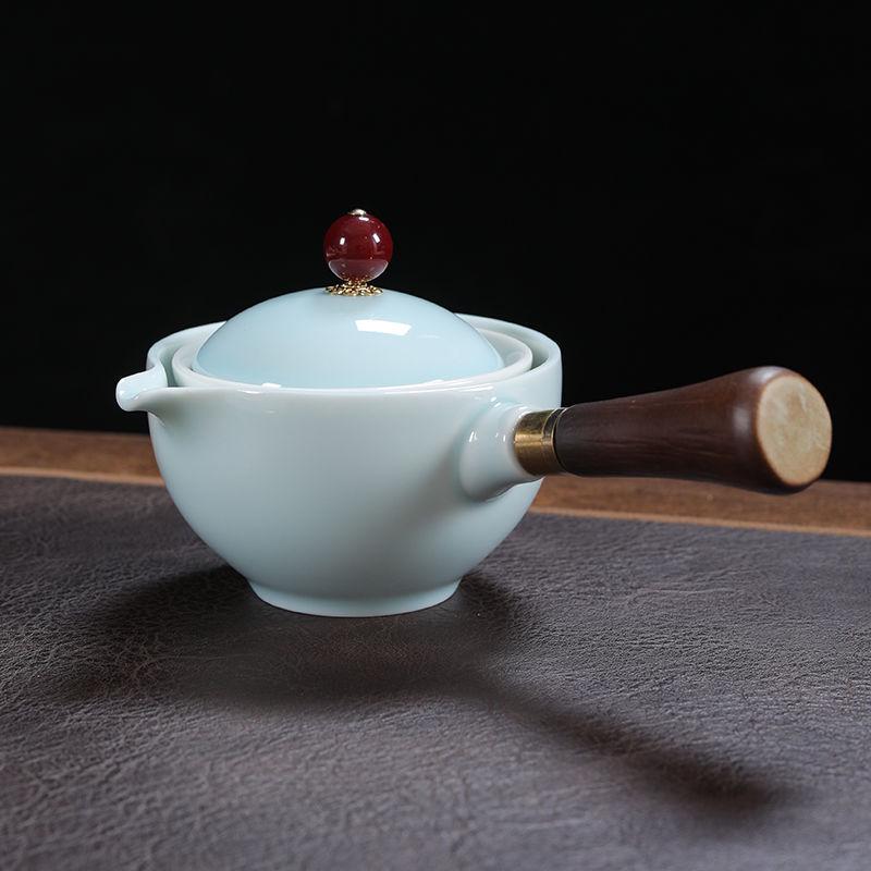 Compact Travel Tea Set with Automatic Rotating Teapot and Side Handle Kung Fu Cups