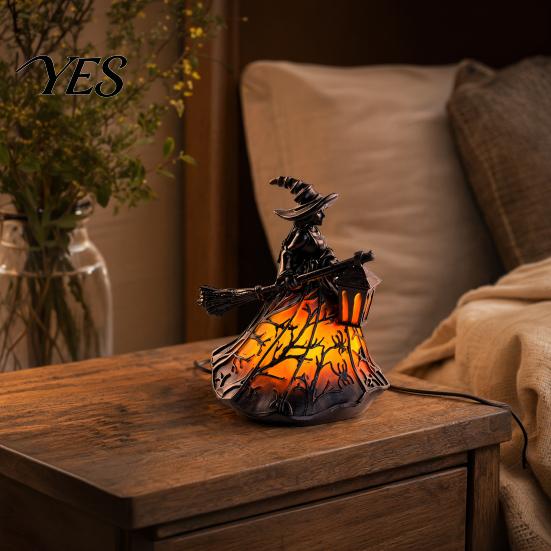 Halloween Themed Night Light Stained Glass Witch Hat Lamp, Handcrafted Retro Resin USB Powered Gothic Ambient Lighting Wizard Hats Light, Home