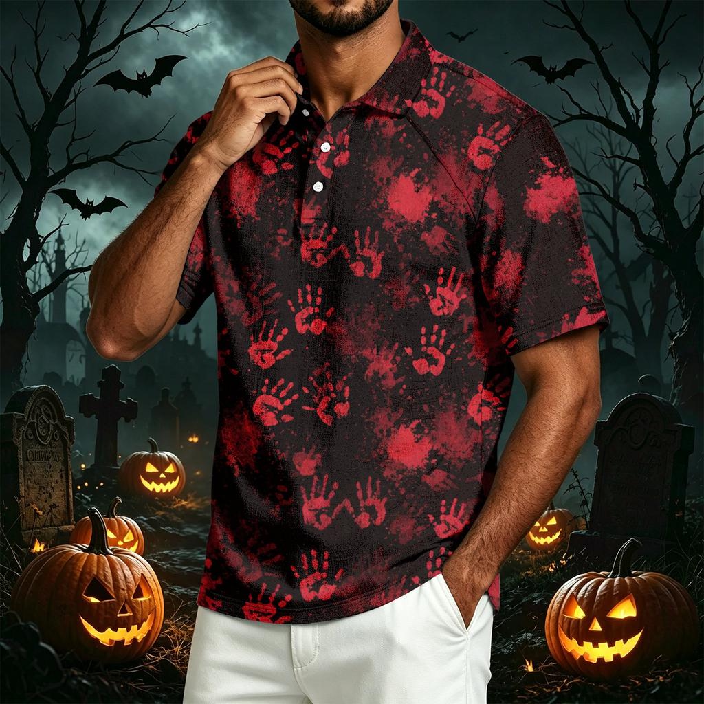 Men's Casual Lapel Lightweight Cotton Linen Breathable Short Sleeve Shirt with Halloween Pumpkin Print for Daily Wear