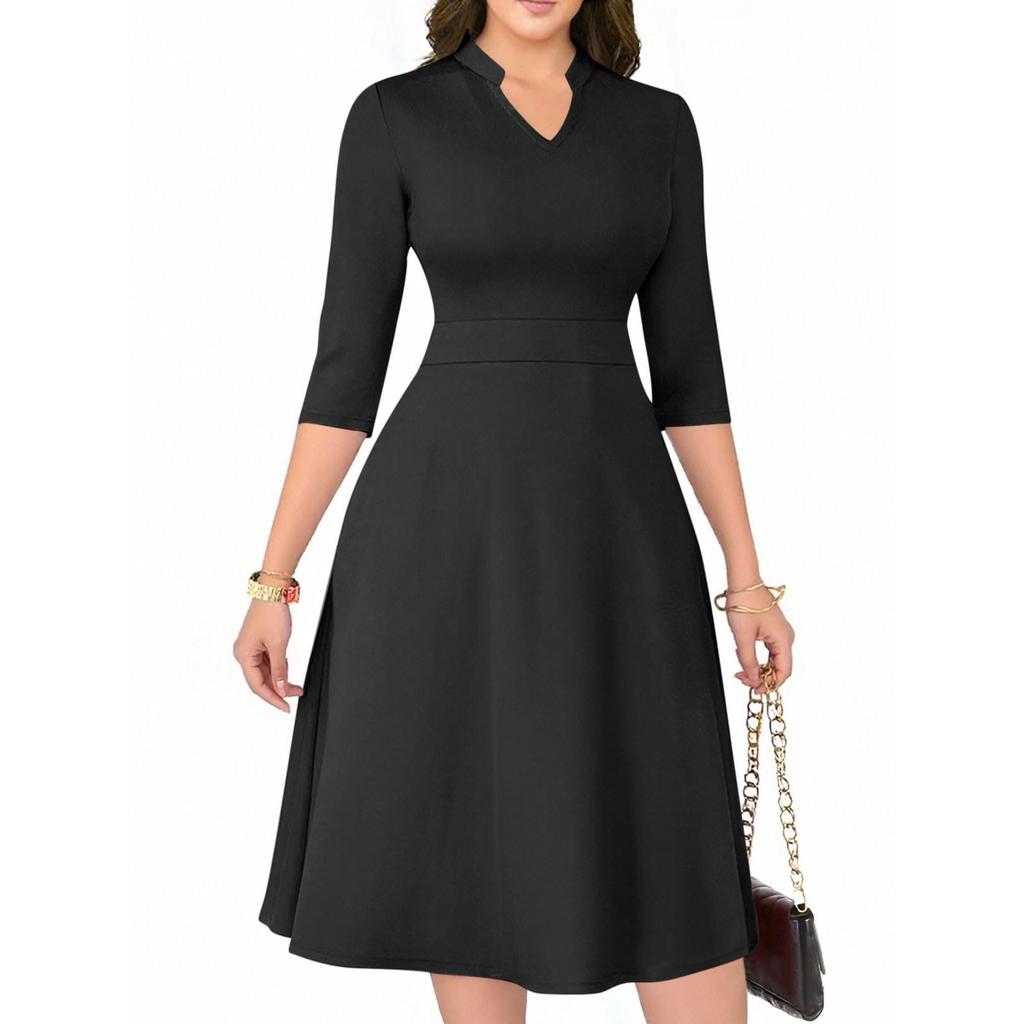 Women's Fashion V,Neck Three,Quarter Sleeve Church Work Dress With Pockets In Color