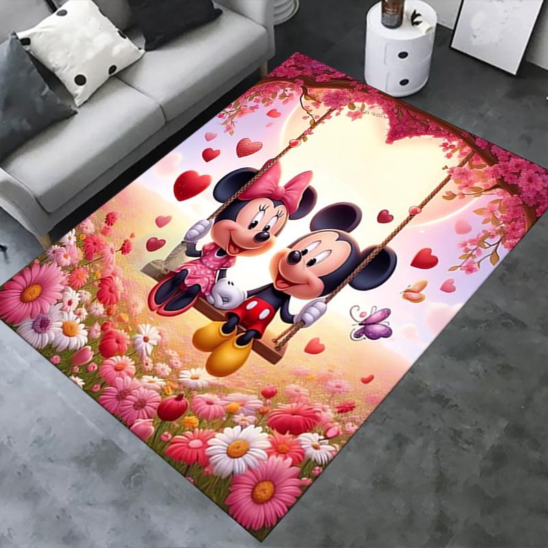 Office Carpet, Desk Under Mat, Gift for Home Decor, Romantic Mickey Mouse and Minnie Mouse Swing Scene with Hearts and Flowers