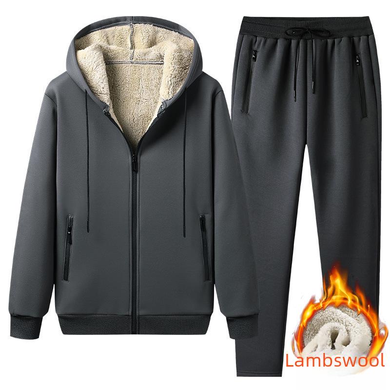Tuta Invernale da Uomo con Cappuccio Sherpa - Spessa, Tinta Unita, Manica Lunga, Set Pantaloni Casual Caldi
