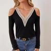 Women S Elegant Lace V Neck Hollow Long Sleeve Solid Color T Shirt