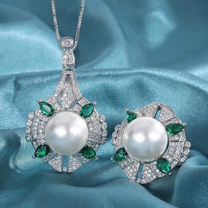 Pearl Women's Retro Court Temperament Ruby Emerald Ring Pendant Two-piece Fashion