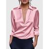 Women's Turn Down Collar Long Sleeve Deep V Neck Solid Satin Elegant Office Blouse Casual Daily Shirt