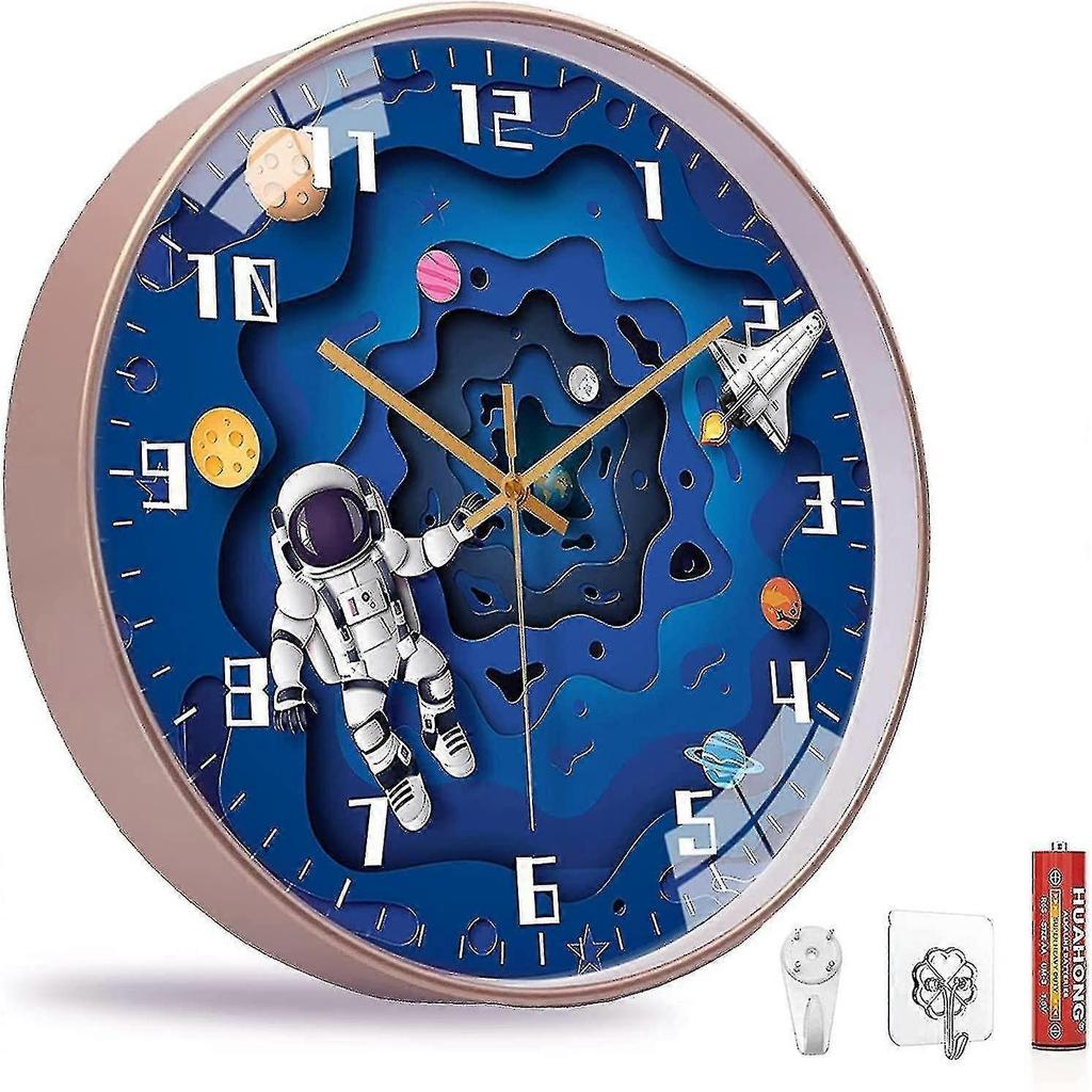 12 Inch Silent Movement Kids Wall Clock, Non Ticking Children Round Wall Clock, Battery Operated & Space Travel Style (blue)