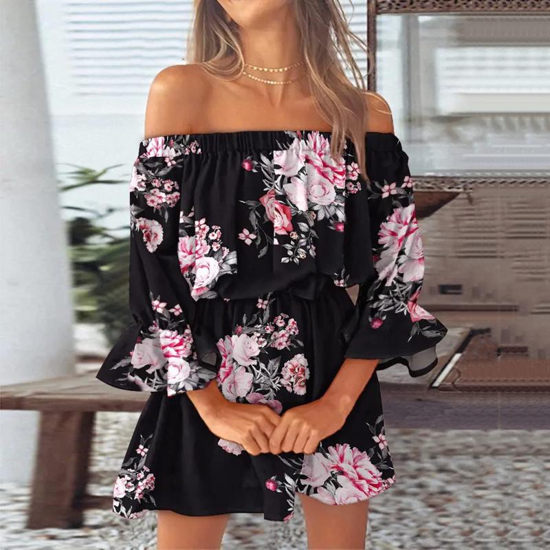 Women Floral Print Mini Dresses Summer Sexy Off Shoulder Flare Sleeve Tunic Dress Female Casual Boho Beach Dress