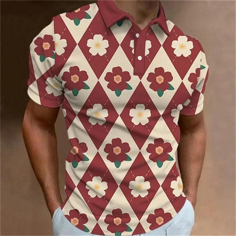 Fashionable men's polo shirt 3D printed flower pattern button lapel short sleeved top