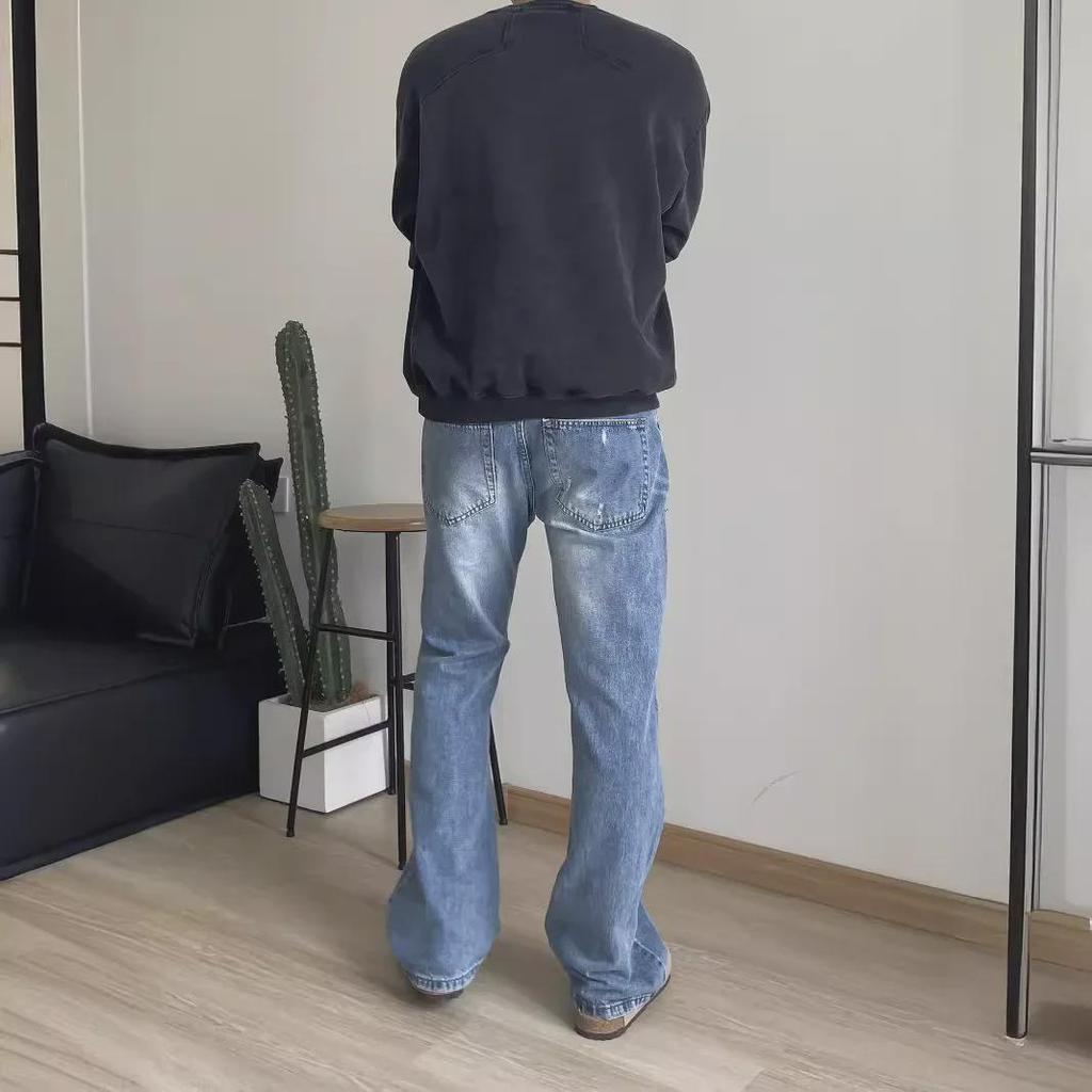 2024 Vintage Light Blue Distressed Retro Flared Jeans for Men