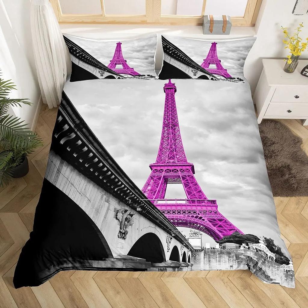 Eiffeltårnet Dynetrekk Set King/Queen Size Paris Theme Sengetøysett Jenter Tenåringer,Famous French Grey Byscape Style Dynetrekk