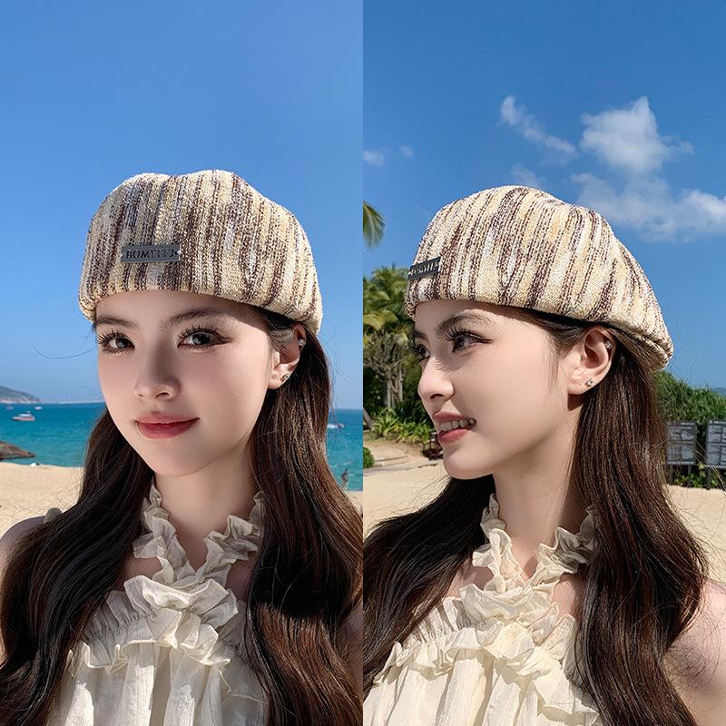 Summer Hat Female Retro Striped Painter Hat Showing Face Small Fashion Versatile Forward Hat High Sense Duck Tongue Beret