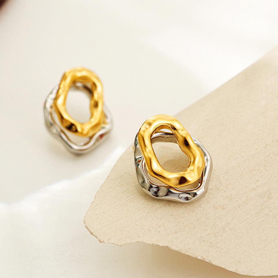 ZAKOL Irregular Gold Sliver Colors Circles Bilayer Piercing Post Earring for Women Bicolor Hammered Texture Ear Accessories Gift