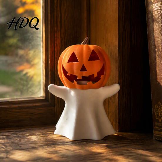 Zucca Decorativa Portacandele Fantasma di Halloween LED Elettronico Supporto Decorazione Festa Autunnale Ornamento Stampato 3D per Festa Casa