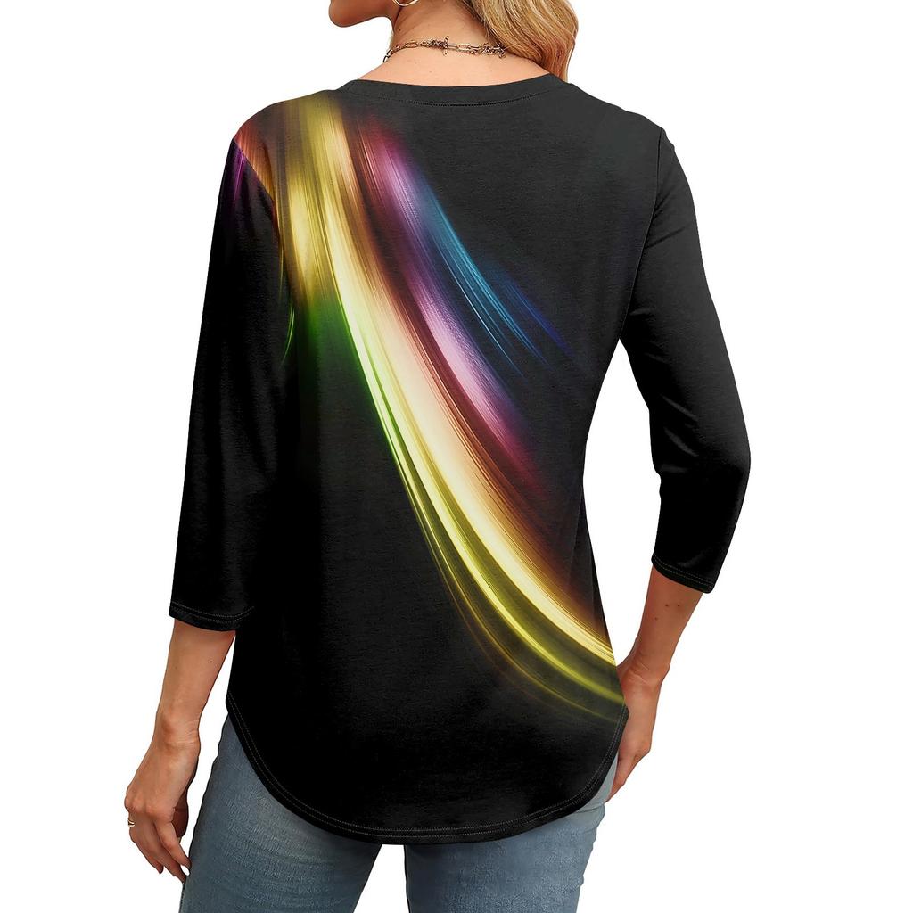 Omen's Fashionable Round Neck 3/4 Sleeve Printed Casual Basic Pleated Pullover T-shirt Top