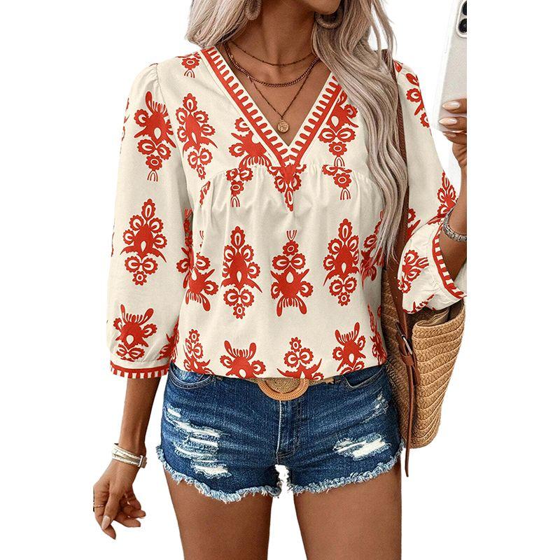 

Summer Fashion V-neck Short Sleeve Pullover Shirt Female Fashion Bohemia Wind Retro Printed 3/4 Sleeves Tops Orange M code fits (55.00 kg-62.50 kg