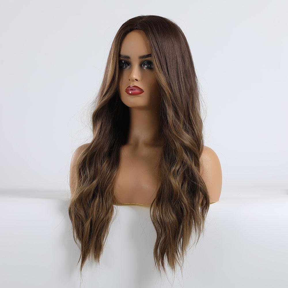 Long Brown Ombre Synthetic HairTypeWigs for Women Hair Wavy Middle Part Female Cosplay Party Daily UseHeat Resistant