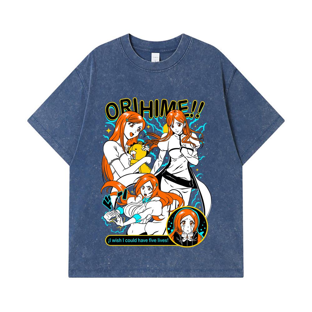 

275 GSM Washed T-shirts 100% Cotton Bleach V3 Orihime Print Unisex Heavy Cotton T Shirt 2XL королівський синій колір
