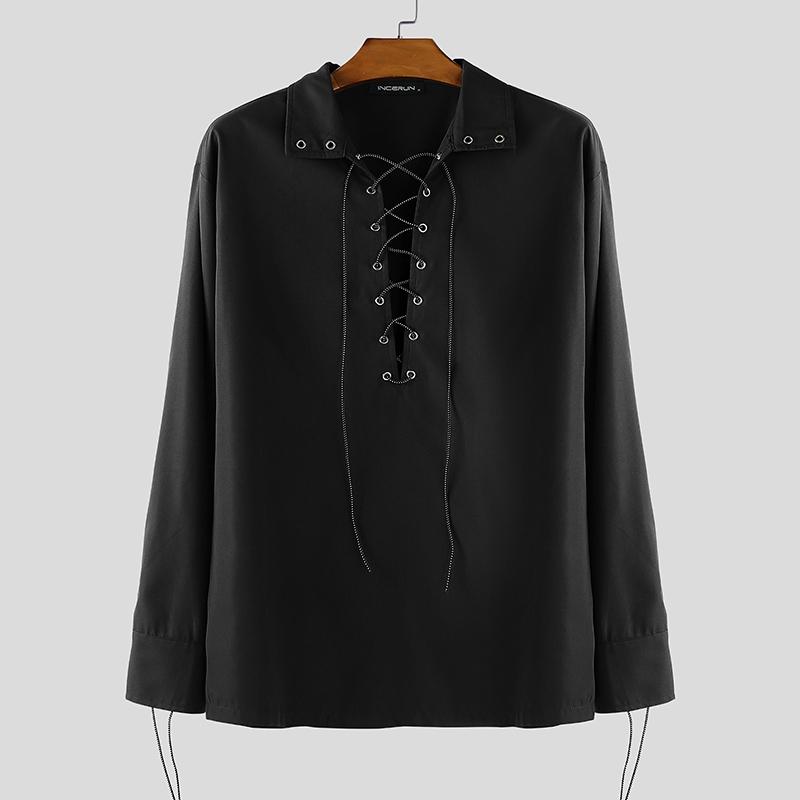 

INCERUN Чоловічі сорочки з довгим рукавом, декоративні з люверсами та бинтами, повсякденні, вільного крою XL чорний