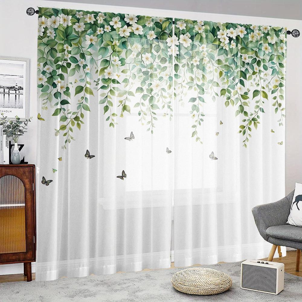 2 Pieces HD Digital White Vines Flowers Play Butterfly Printed Window Screen Home Decor Style Decoration Living Room Bedroom Rod
