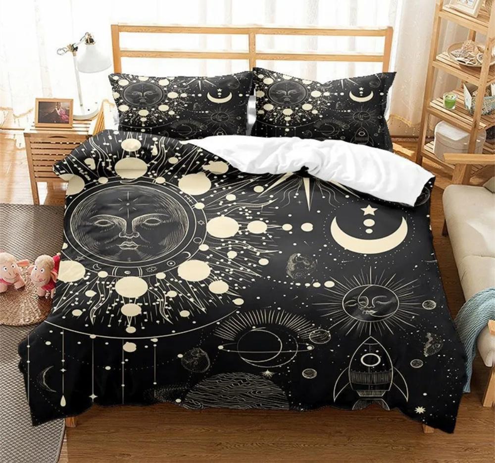 Black Sun Moon Star Bedding Set Bohemian Totem Line Duvet Cover Pillowcases Bedlinen Adults Bedclothes Twin Full Queen King Size