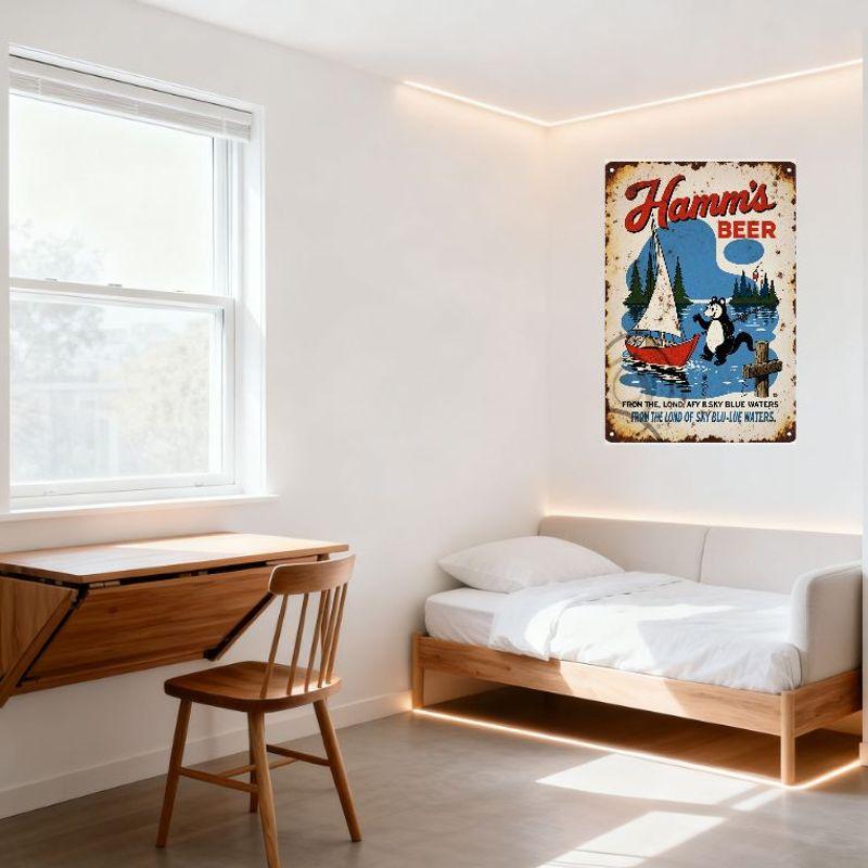 Vintage Hamm's Beer Metal Tin Sign with Sailboat & Bear, Weathered Aged Distressed Rusty Edges Decor for Man Cave Bar Pub Home