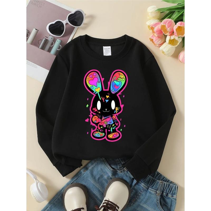 Unisex Crewneck Sweatshirt - Colorful Bunny With Hearts And Symbols , Machine Washable, Spring And Autumn, Sportswear And Casual Wear