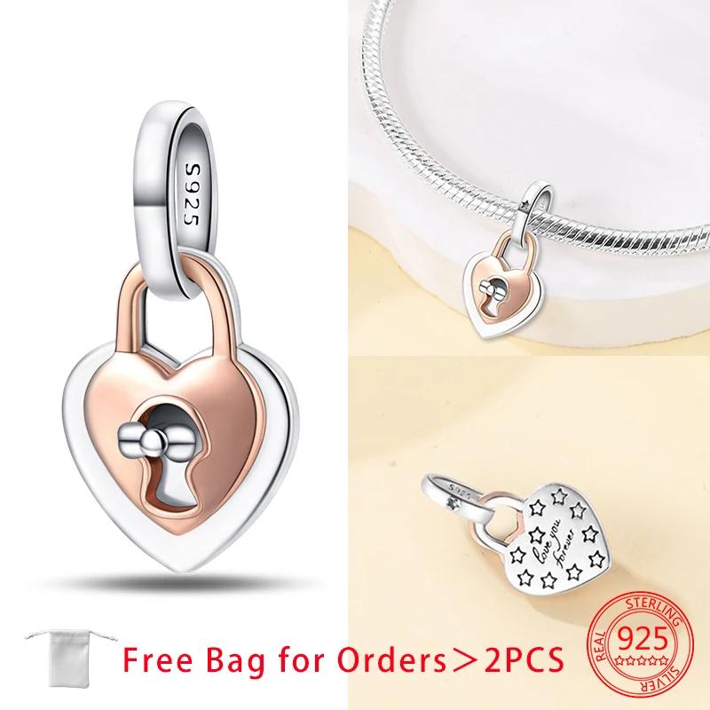 Rose Gold Love Heart Lock Pendant Charms Copper Beads Fit Original Bracelets Beads For Women Diy Jewelry Making Gift