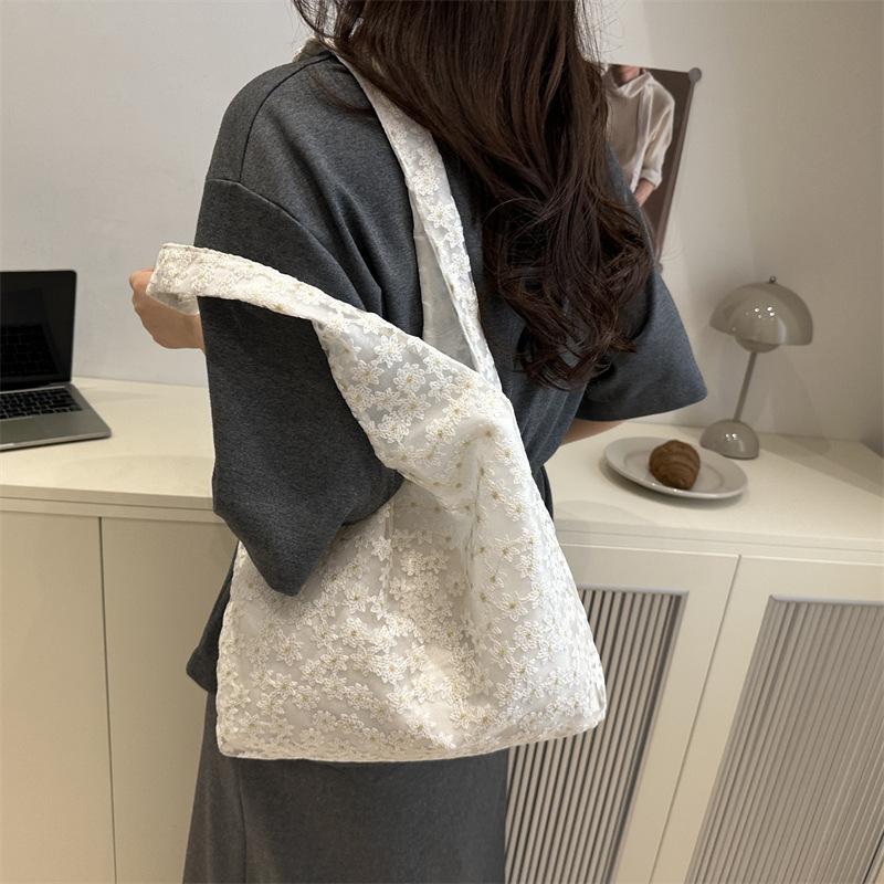 Canvas Bag Korean Ins Simple Mesh Small Daisy Lace Shoulder Bag High-end Handbag Versatile Underarm Bag