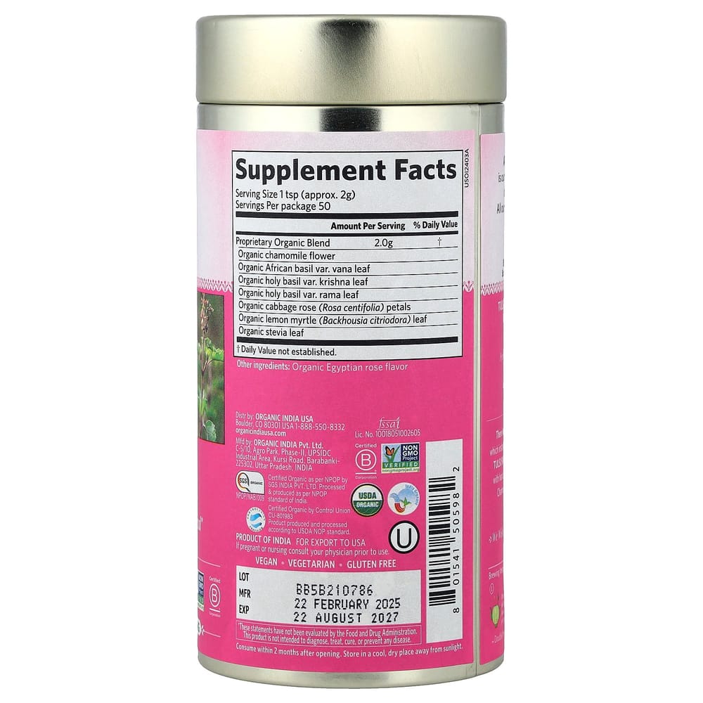 Organic India Tulsi Sweet Rose Caffeine-Free Tea, 100g (3.5oz)